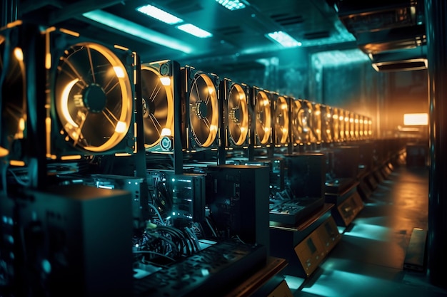 Foto cryptocurrency mining farm met veel gpu grafische kaarten