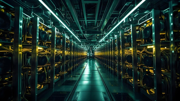 Cryptocurrency mining farm with rows of powerful mining rigs