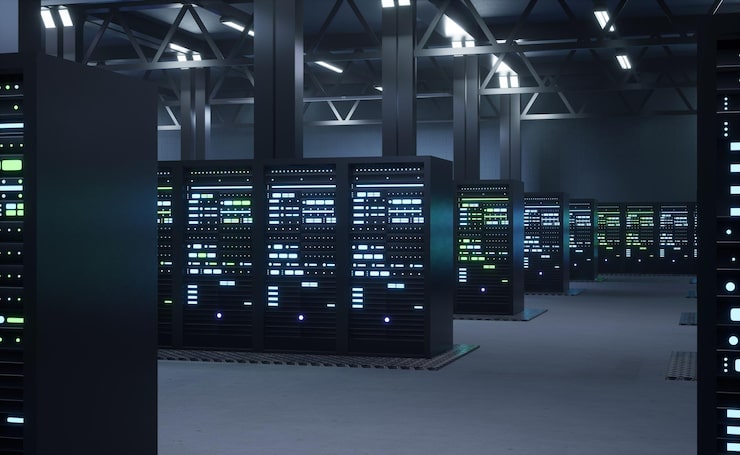 Photo 使用区块链技术进行加密挖矿的加密货币挖矿农场在服务器室内安装 asic 平台,解决复杂的计算任务; 3d 渲染动画