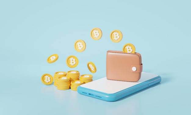 Photo cryptocurrency trading or bitcoin on smartphone and electronic wallet information investment education trading concept banner on blue background 3d illustration render