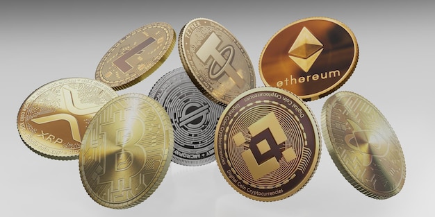 Cryptocurrency With bitcoin litecoin and ethereum symbols Combination of coins on white background