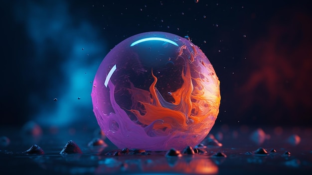 Crystal ball on dark blue background with purple yellow and orange abstract shapes