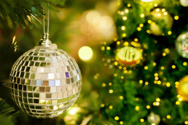 Crystal ball Decorated on Pine Tree on Christmas day with blurry background