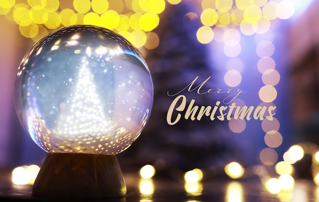 ボケ味のある床の水晶玉、後ろのライト。カラフルなボケ光、新年のお祝いのコンセプトを持つガラス玉。