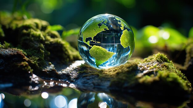Crystal ball in forest nature background Earth day concept