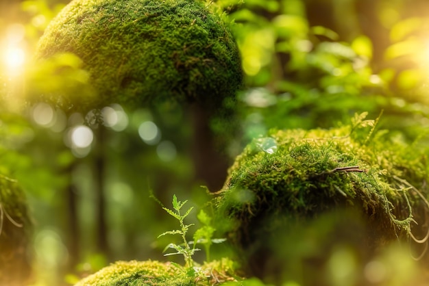 緑の苔と表面に反射のある森の中の水晶玉 生成 AI