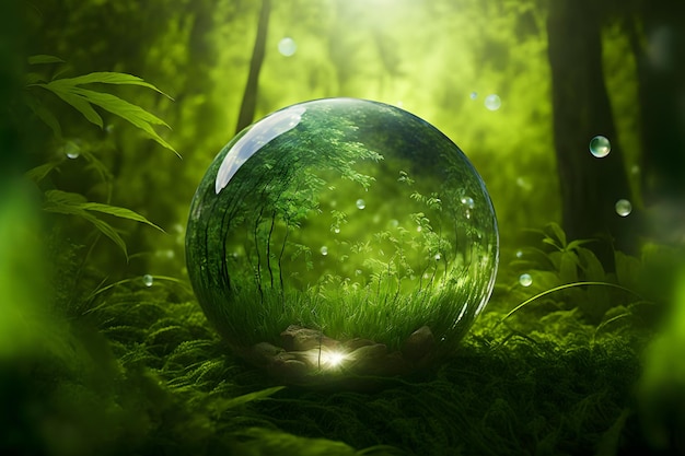 Crystal ball on green grass with reflection of green vegetation inside Neural network generated art