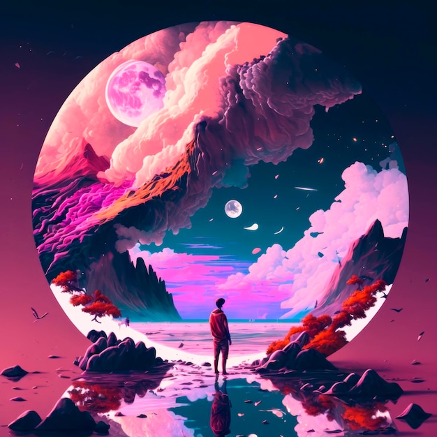 Crystal Ball Reveals a Whimsical Journey A Child Exploration in Pink Purple and Celestial Landscape