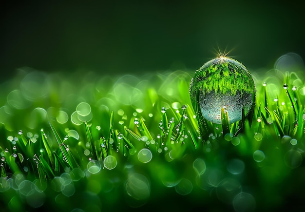 Crystal ball sits in the grass reflecting the light