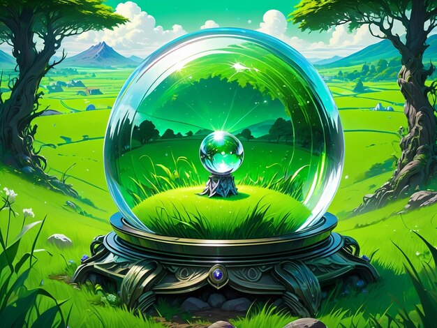 a crystal ball sitting on top of a lush green field fantasy art highly detailed surreal