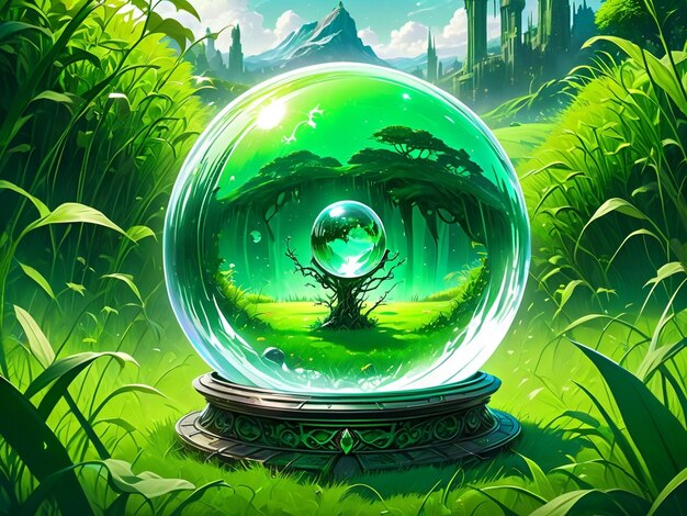 Photo a crystal ball sitting on top of a lush green field fantasy art highly detailed surreal