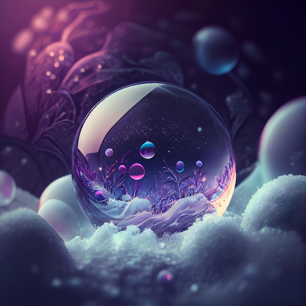 Crystal ball in the snow 3d illustration Vintage style