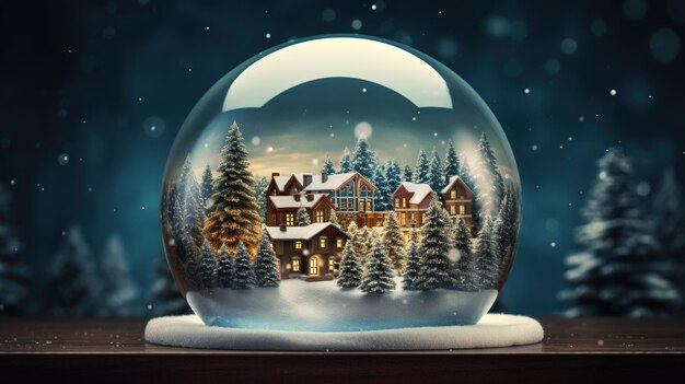 눈 덮인 크리스마스 트리와 집이 안에 있는 수정구슬 눈덩이