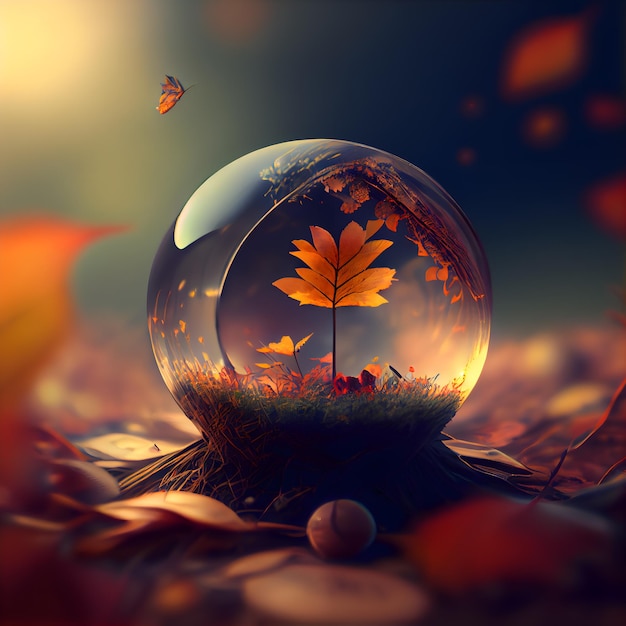 Crystal ball with autumn leaves and butterflies on a background of autumn leaves