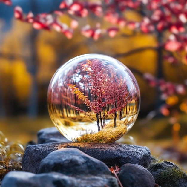 Crystal ball with autumn trees in the forest Conceptual image