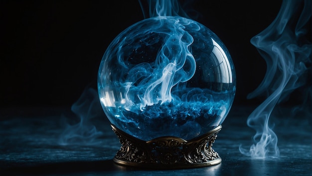 A crystal ball with blue smoke inside it