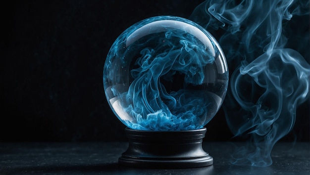 A crystal ball with blue smoke inside it