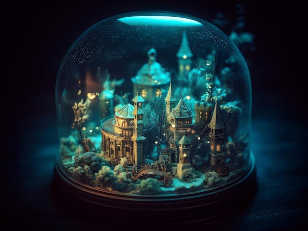 crystal ball with buildings inside and glowing blue