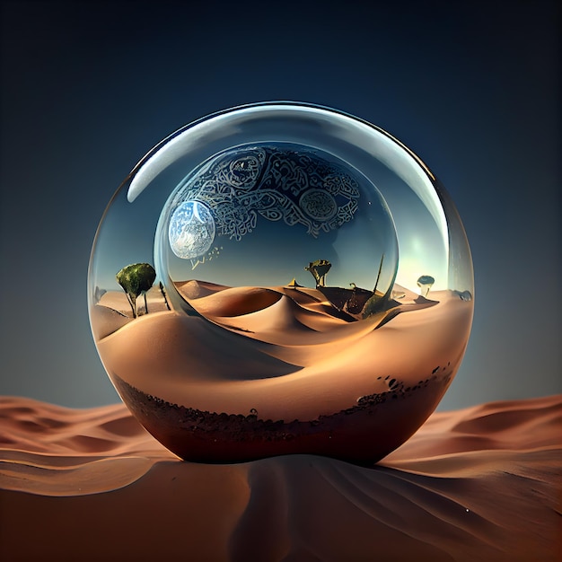 Хрустальный шар с пустыней и деревом в пустыне 3D рендеринг
