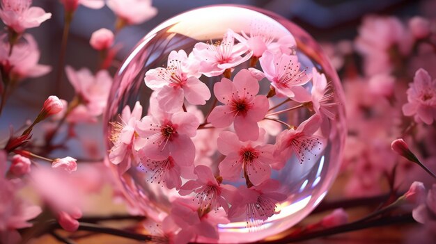 Photo a crystal ball with pink flowers