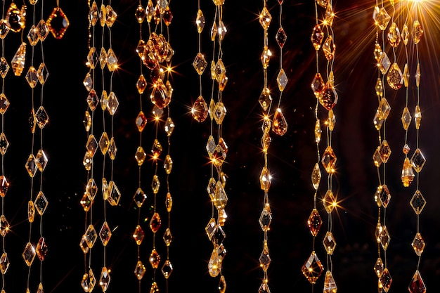 Crystal beads dangling with golden light reflections