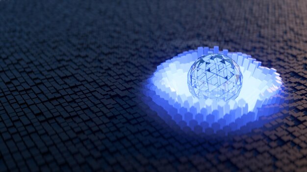 A crystal blue neon sphere rolls on a dynamic surface made up of small magnetic squares Waves Drawing on the sphere