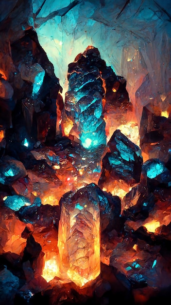 Crystal cave dwarves mining glowing gemstone 3d\
illustration