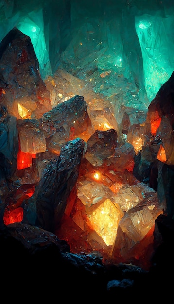 Crystal cave dwarves mining glowing gemstone veins with lasers 3D rendering