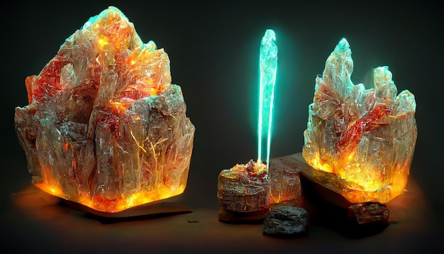 Crystal cave dwarves mining glowing gemstone veins with lasers 3D rendering
