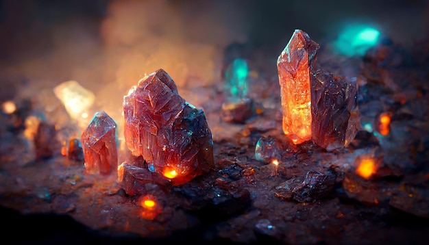 Crystal cave dwarves mining glowing gemstone veins with lasers\
3d rendering