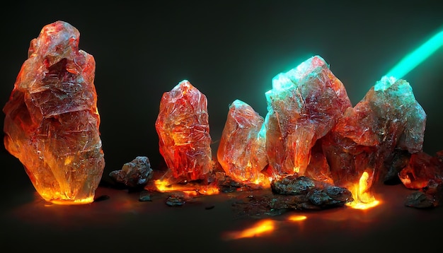 Crystal cave dwarves mining glowing gemstone veins with lasers\
3d rendering