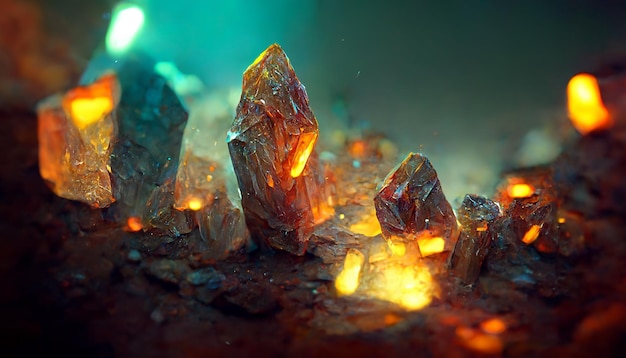 Crystal cave dwarves mining glowing gemstone veins with lasers 3D rendering