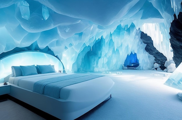 Crystal Cave Serenity 地下クリスタル洞窟の未来的なベッドルーム