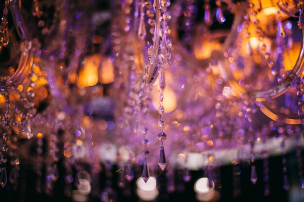 crystal chandelier, close-up photo. Crystal chandelier in the interior.