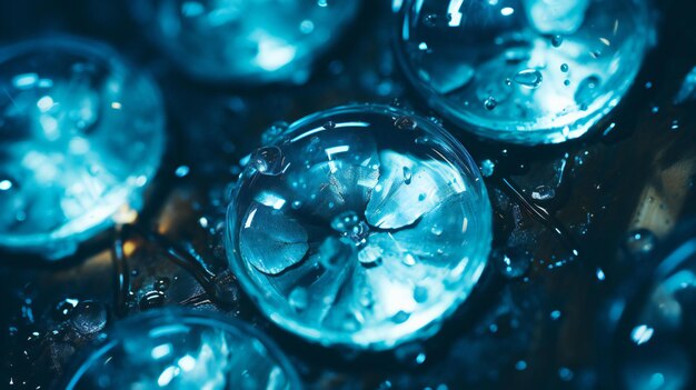 Crystal Clear Blue Spheres Closeup with Water Droplets and Reflective Surface Details