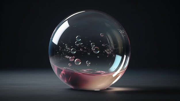 A crystal clear glass ball with floating bubbles on a sleek table Generative ai