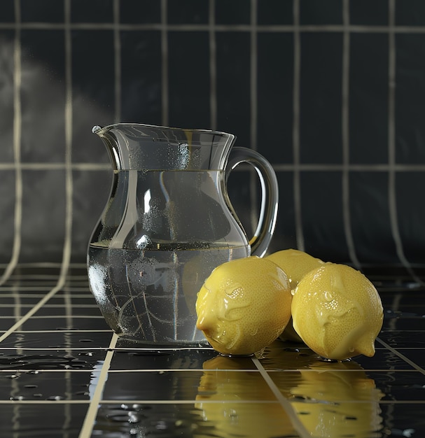 Crystal clear glass jug with fresh dew and ripe lemons on reflective surface