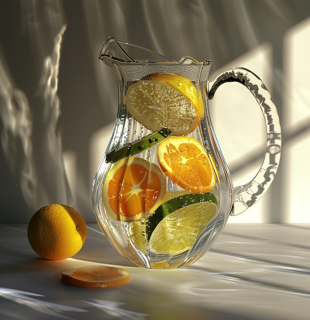 Crystal clear glass jug with fresh dew and ripe lemons on reflective surface