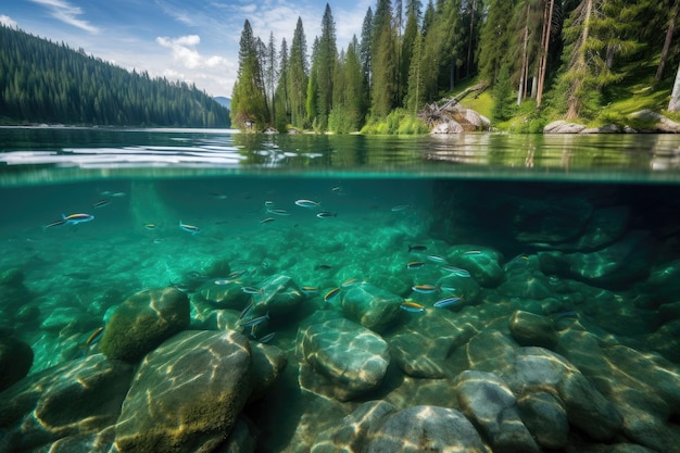 Кристально чистое озеро с рыбой, плавающей и прыгающей над водой, созданное с помощью генеративного AI