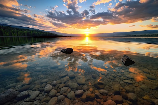Crystal clear lake with sunset and clouds in the background created with generative ai