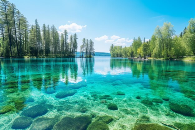 Photo crystal clear lake with surrounding trees