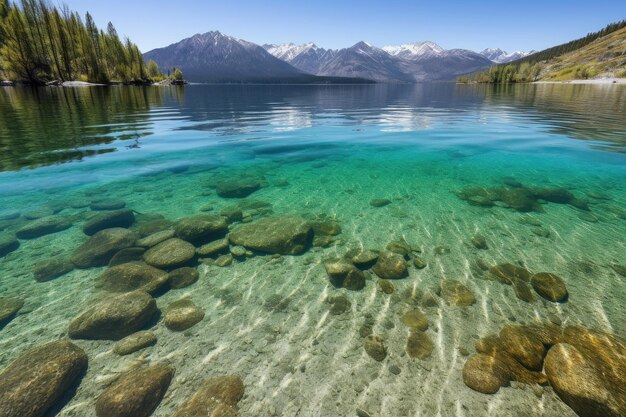 Crystal clear lake with view of mountain range in the background created with generative ai