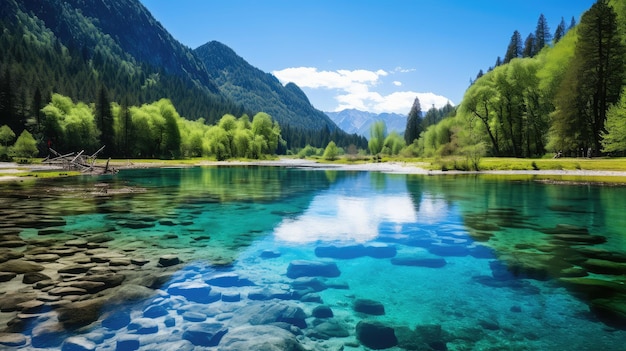 Crystal Clear Mountain Lake with Lush Forest