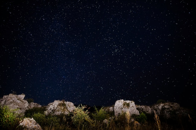 Foto cielo cristallino con stelle e rocce sul terreno