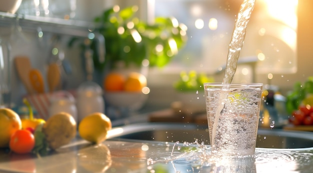 Crystal clear water flowing from kitchen tap into glass with copy space