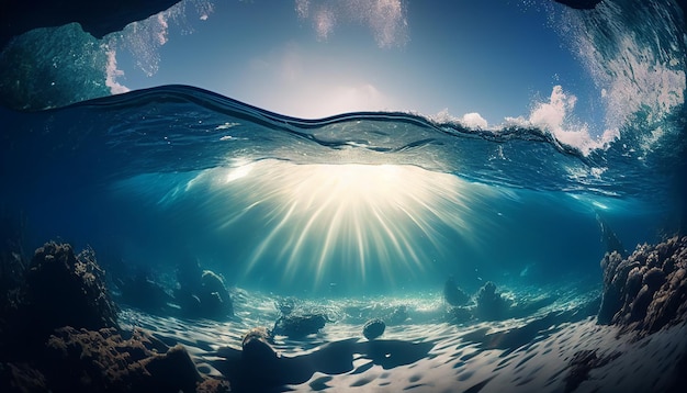 Crystal Clear Water Underwater Waves in Ocean with Sun Rays on Island Generative AI