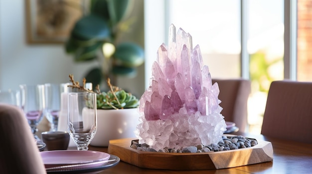 Photo a crystal cluster as a centerpiece on the dining table creating a conversation starter and infusing