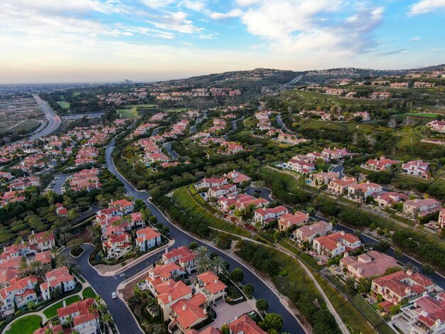 Crystal Cove neighborhood community in the Newport coast before sunset Luxury big villa with pool