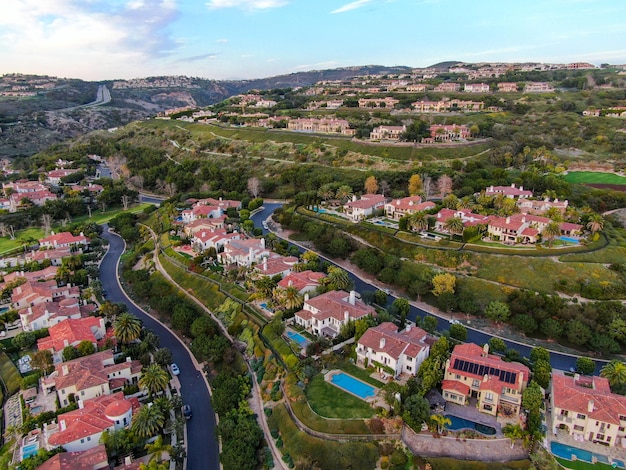 Crystal Cove neighborhood community in the Newport coast before sunset Luxury big villa with pool