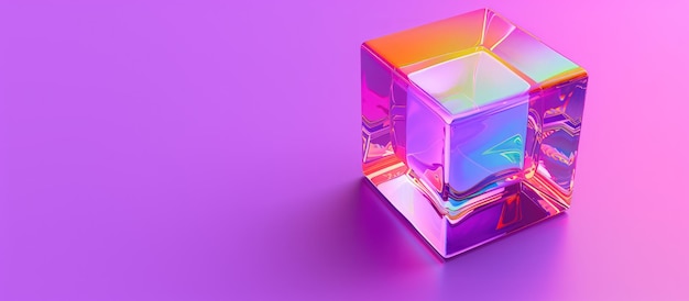 Crystal cube in rainbow holographic gradient color texture on purple background AI generated image